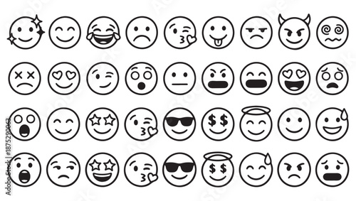 Set of  handdrawn outline emoji icons for communication and emotion