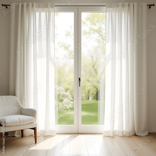 Elegant French Doors with Sheer White Curtains and Sunny Garden View