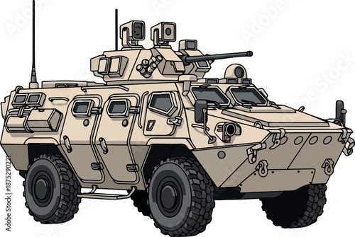 Military vehicle equipped with advanced weaponry and surveillance systems on a tactical mission