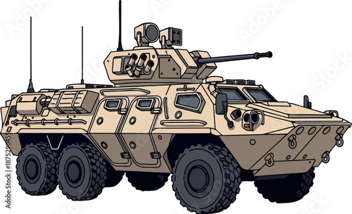 A tan armored vehicle illustration with a turret and gun, displayed on a white background