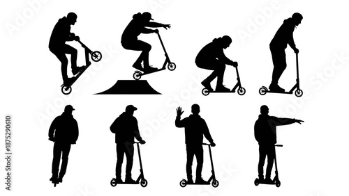 Silhouettes of people performing tricks and riding scooters, showcasing various poses and actions.