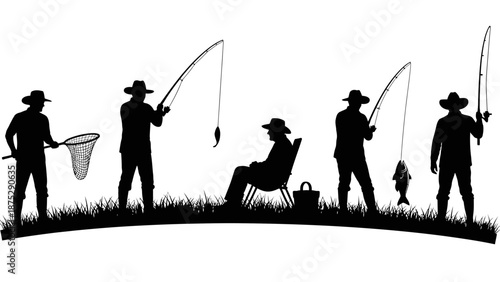 Silhouettes of men fishing with rods and a net on a grassy bank, depicting various stages of the hobby and leisure activity.
