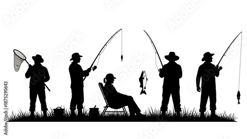 Silhouettes of people fishing on a grassy bank, enjoying a leisure activity outdoors.