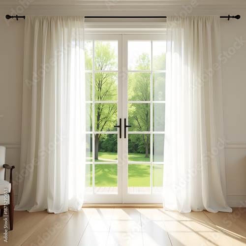 Elegant French Doors with Sheer White Curtains and Sunny Garden View