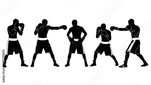 Silhouettes of five male boxers in different fighting stances and poses, ready for a match.