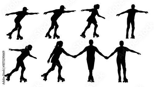 Silhouettes of people roller skating in various dynamic poses, including individuals and a couple holding hands, against a plain white background.