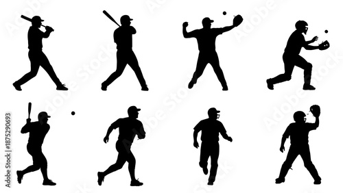 Silhouettes of baseball players in various action poses, including batting, pitching, catching, and running, against a white background.