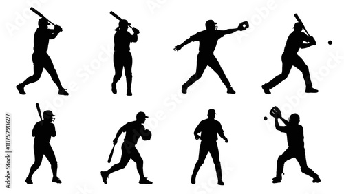 Silhouettes of baseball players in various action poses, including batting, pitching, and catching, against a white background.