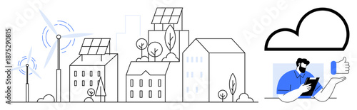 Renewable energy, sustainable cities, digital technology, cloud services, eco-living, smart solutions. Solar panels, wind turbines urban buildings cloud computing person with tablet. Renewable