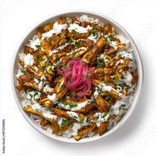 Lebanese shawarma rice bowl, roasted chicken strips, garlic sauce, pickled turnips