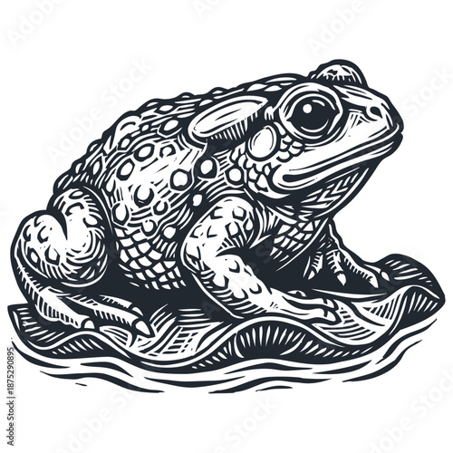A detailed illustration of a toad sitting on a lily pad. Classic hand-drawn vector art in a vintage monochrome woodcut, engraving, or linocut style.