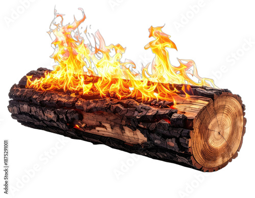 A burning log of wood with flames emitting from its center. The wood is burnt with visible grain