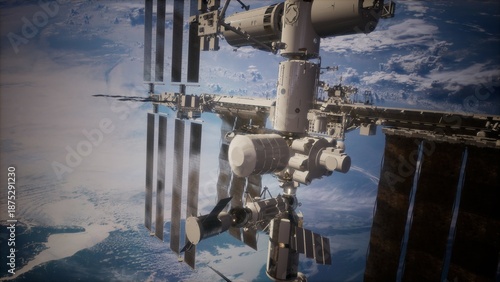 Bright sunlight illuminates the International Space Station, showcasing its intricate structure against the backdrop of Earth. Satellite arrays and modules reflect the beauty of space.