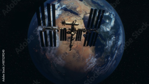 Картината върху платно The International Space Station orbits Earth, showcasing the planets stunning landscape and vibrant colors