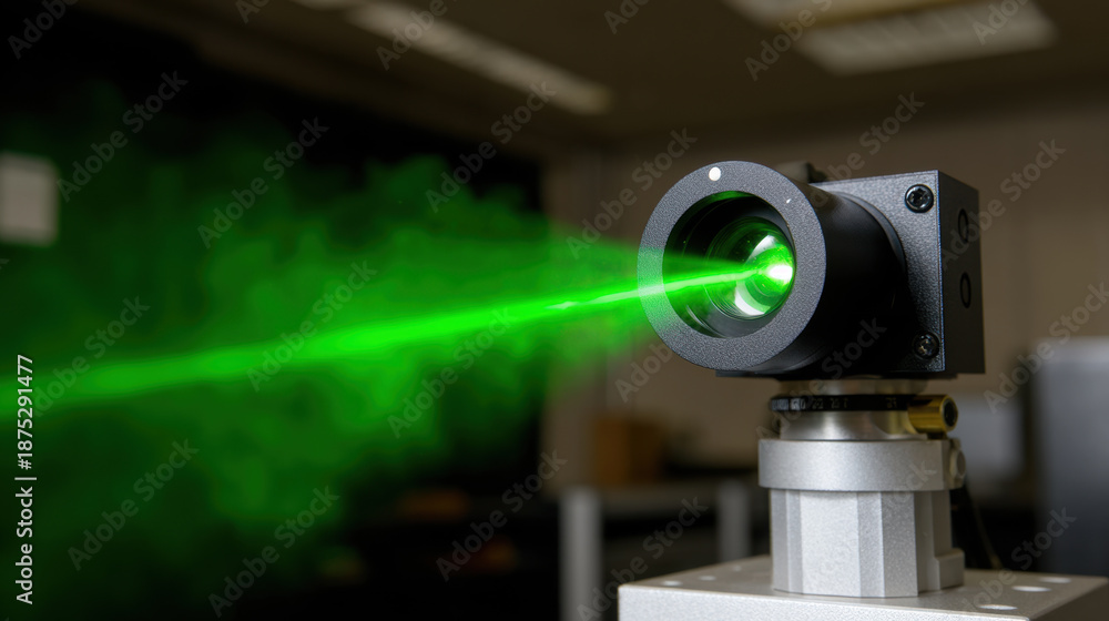 Fototapeta premium High fidelity green laser source module emitting focused beam in laboratory setting, showcasing advanced technology and precision in optical applications