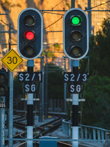 Dual Railway Traffic Signals with Red and Green Lights at Sunset