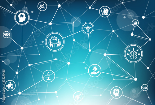 Mental health vector. Blue image with icons related to psychotherapy / psychological help & counseling for depression, anxiety, bipolar disorder, trauma, burnout / empathy & therapy & support.