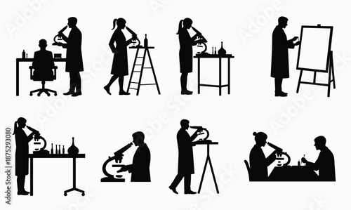 silhouettes of scientists engaged in various laboratory