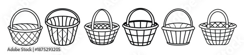 Six Black and White Wicker Baskets Line Art Illustrations