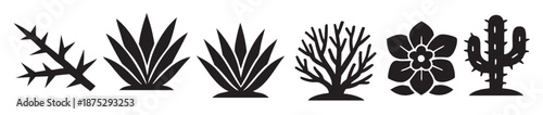 Six black silhouette icons of desert plants and flowers on white background cactus