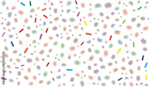 Seamless repeating vector pattern of simple colorful pastel flowers and confectionery sprinkle bar shapes