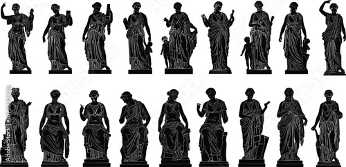 Ancient statue silhouettes collection, Greek Roman mythological figures, classical sculpture poses, historical art heritage illustration design concept flat vector