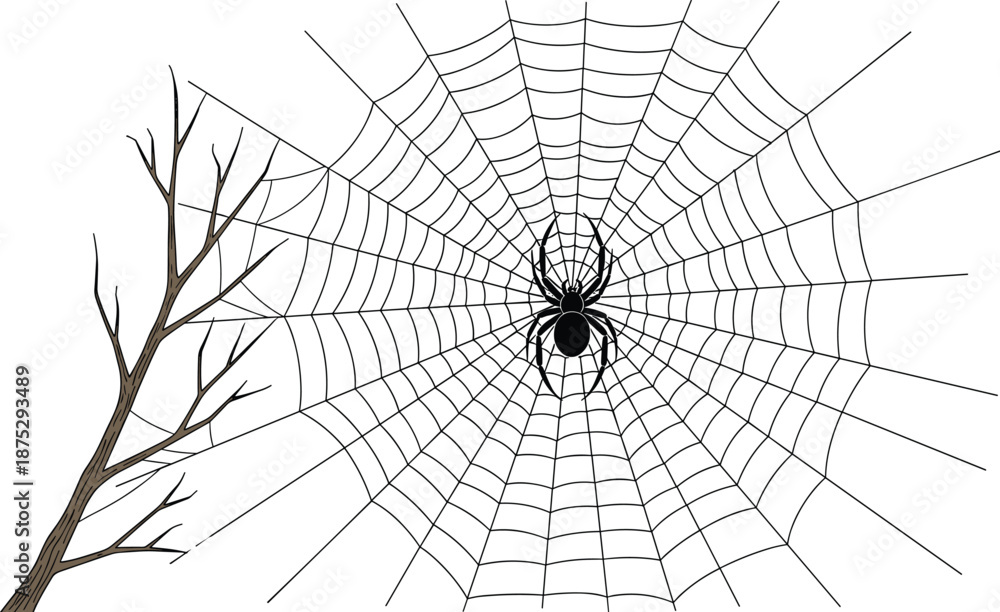 Obraz premium Spider web with central spider, bare tree branch attachment, detailed natural structure illustration, biological precision design concept flat vector