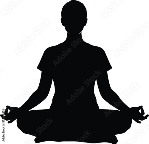 Serene woman yoga silhouette sitting in lotus position meditating with hands in mudra gesture practicing mindfulness and relaxation for spiritual health wellness balance concept symbol.