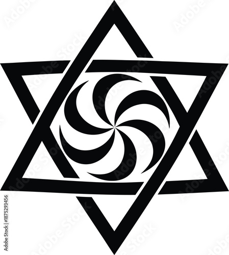 Raelian movement symbol featuring star of david hexagram with swirling galaxy spiral inside representing infinity and extraterrestrial origin concept black icon sign emblem logo shape.