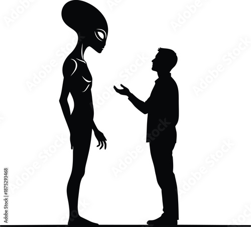 Extraterrestrial alien meeting human man silhouette concept showing first contact and communication between species standing facing each other for science fiction space mystery theme.