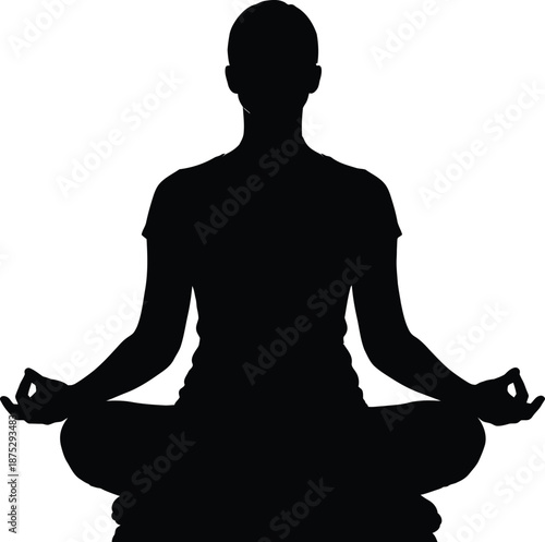Woman yoga silhouette sitting in lotus position meditating with hands in mudra gesture practicing mindfulness and relaxation for spiritual health wellness balance concept black shape.