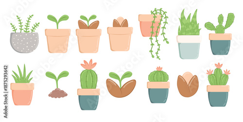 spring set of green plants in flower pots vector