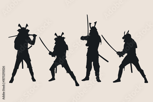 Samurai fighting silhouettes. Traditional Japanese fighters with swords in dynamic poses vector design set.