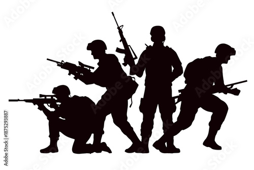 Modern military soldiers silhouette. Special forces army men with rifles and guns in action vector illustration.