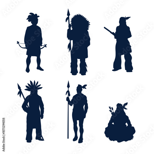  Native American silhouettes set. Indigenous tribal people standing with spears and feathers vector illustration.