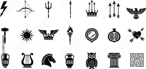 Ancient mythology symbol icons, Greek myth silhouettes, legendary artifacts collection, cultural heritage emblems, black and white design flat vector