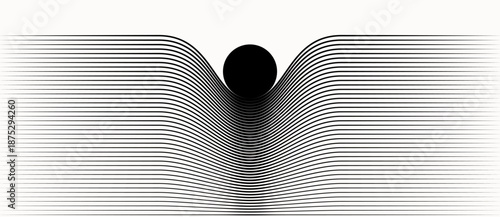 Abstract illustration of spacetime curvature with a black circle above warped lines, symbolizing gravity, distortion, and general relativity in physics and astronomy.