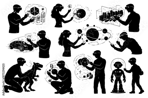 Silhouettes of people interacting with virtual reality technology.
