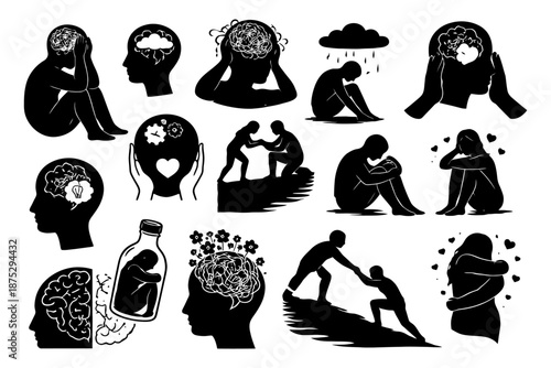Mental health concepts illustrated in silhouette with emotional support and self-care elements.