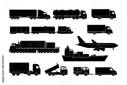 Silhouette collection of various transportation vehicles: trucks, trains, ships, airplanes.