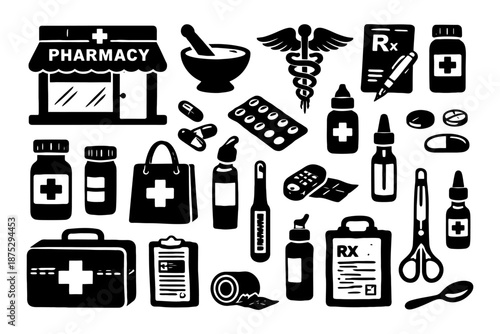 Pharmacy icons set: medicine, prescription, healthcare symbols in black and white.