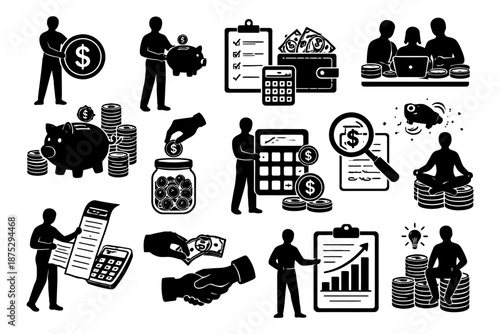 Business finance and investment concepts in black icons.