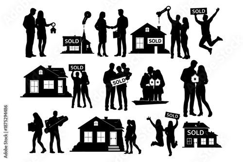 Silhouettes of diverse individuals celebrating real estate success.