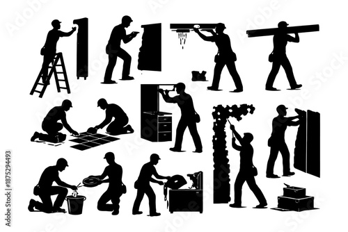 Silhouette of diverse male workers performing various construction tasks.