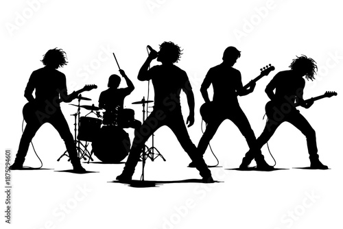 Silhouette of rock band performing with vocalist and drummer.