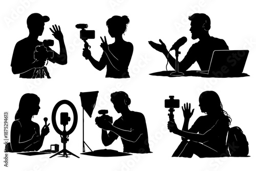 Silhouettes of content creators filming and podcasting with equipment.