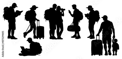 Travelers And Tourists With Luggage And Backpacks Silhouette Set Vector Illustration.