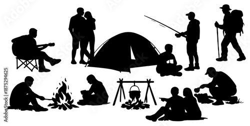 Camping Scene With Campfire Tent And Outdoor Activities Silhouette Set Vector Illustration.