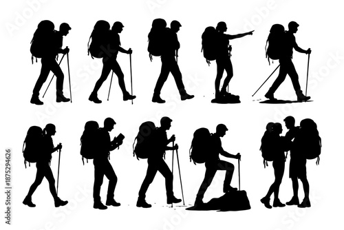 Silhouette of outdoor hikers with backpacks engaging in various activities.
