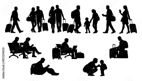 Airport Travelers And Waiting Passengers Silhouette Set Vector illustration.